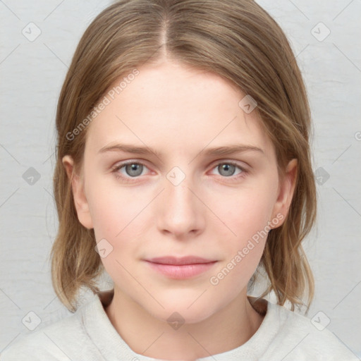 Neutral white young-adult female with medium  brown hair and blue eyes