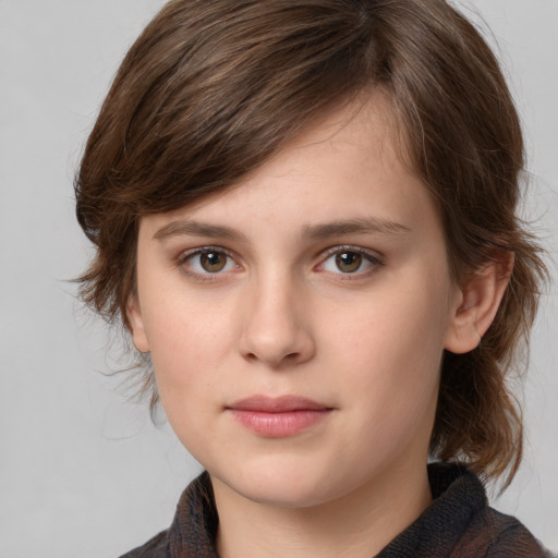 Neutral white young-adult female with medium  brown hair and grey eyes