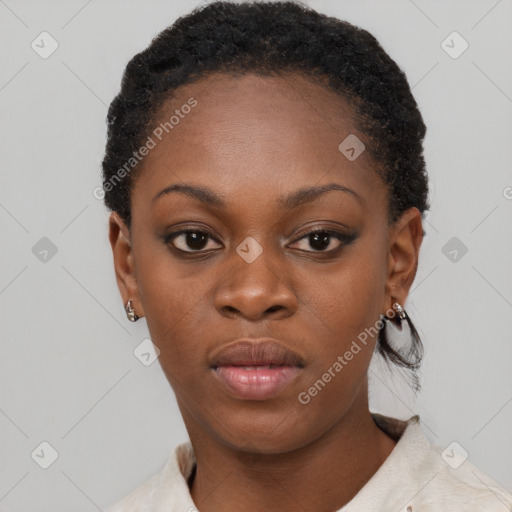 Neutral black young-adult female with short  black hair and brown eyes