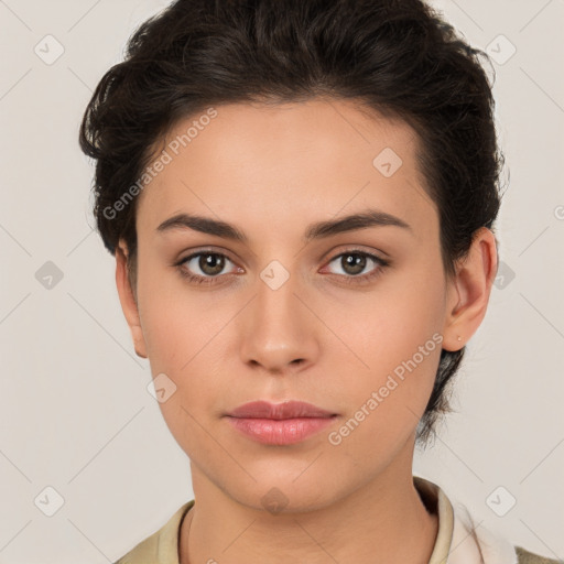 Neutral white young-adult female with short  brown hair and brown eyes