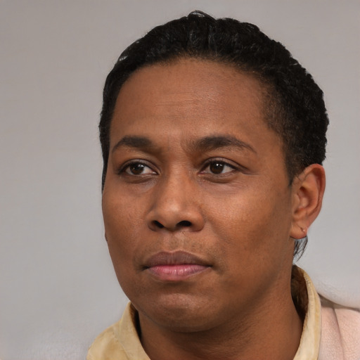 Neutral black adult male with short  black hair and brown eyes