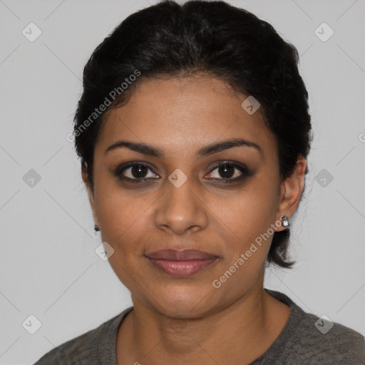 Joyful latino young-adult female with short  black hair and brown eyes