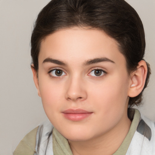 Neutral white young-adult female with medium  brown hair and brown eyes