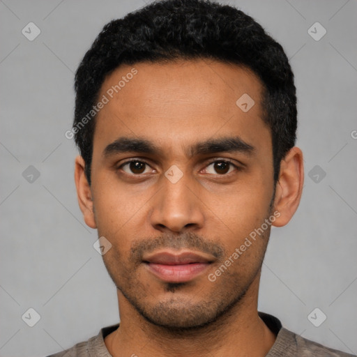 Neutral latino young-adult male with short  black hair and brown eyes