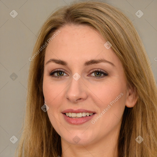 Joyful white young-adult female with long  brown hair and brown eyes