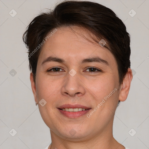 Joyful white young-adult female with short  brown hair and brown eyes