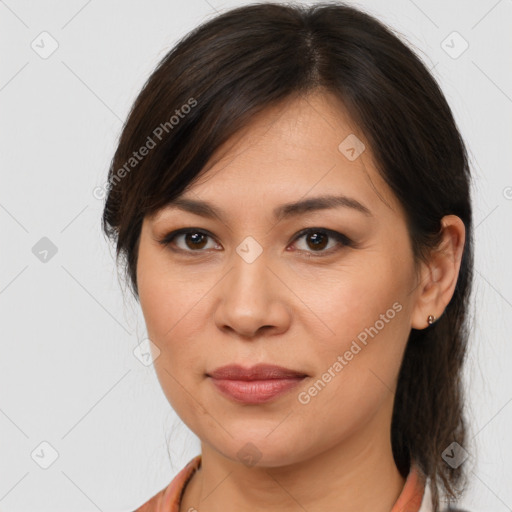 Joyful white young-adult female with medium  brown hair and brown eyes