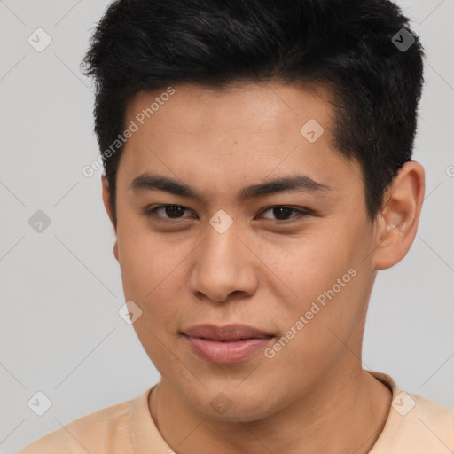 Joyful asian young-adult male with short  brown hair and brown eyes