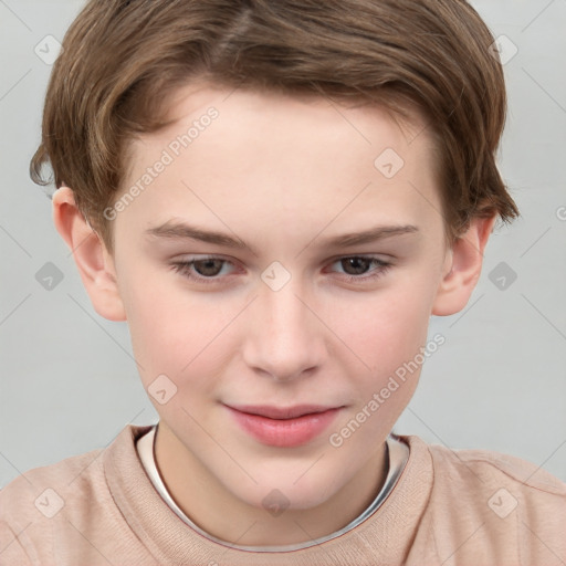 Joyful white child male with short  brown hair and brown eyes