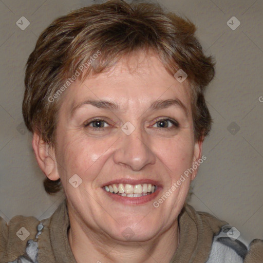 Joyful white adult female with short  brown hair and brown eyes