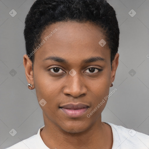 Joyful black young-adult female with short  black hair and brown eyes