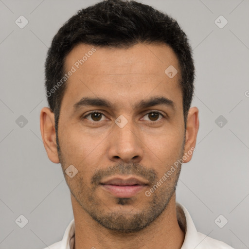 Neutral asian young-adult male with short  black hair and brown eyes