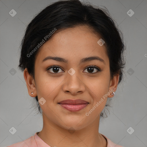 Joyful latino young-adult female with medium  brown hair and brown eyes