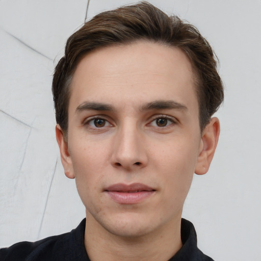 Neutral white young-adult male with short  brown hair and brown eyes