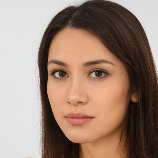 Neutral asian young-adult female with long  brown hair and brown eyes