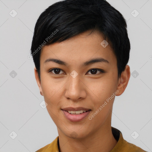 Joyful asian young-adult female with short  black hair and brown eyes