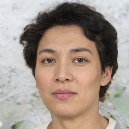 Neutral asian young-adult female with short  brown hair and brown eyes