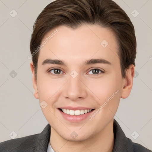 Joyful white young-adult female with short  brown hair and brown eyes