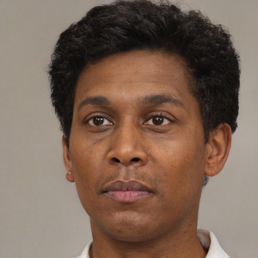 Neutral black young-adult male with short  black hair and brown eyes