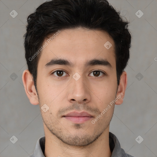 Neutral asian young-adult male with short  brown hair and brown eyes