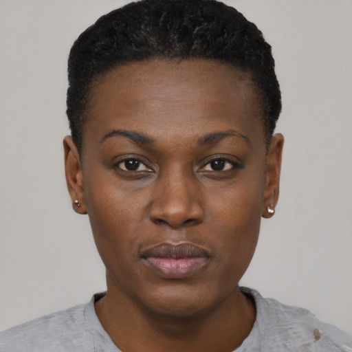 Neutral black young-adult female with short  black hair and brown eyes