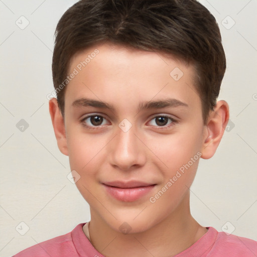 Joyful white child male with short  brown hair and brown eyes