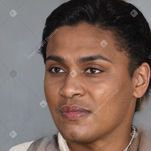 Joyful black young-adult male with short  black hair and brown eyes