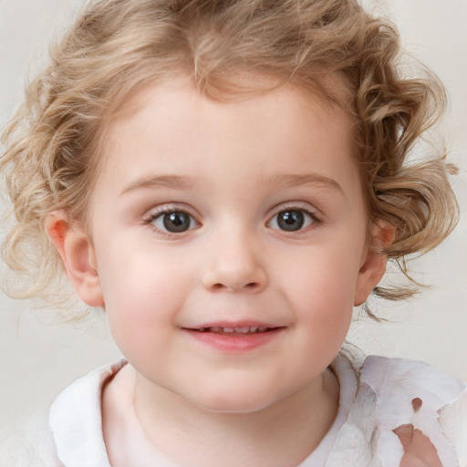 Joyful white child female with medium  brown hair and blue eyes