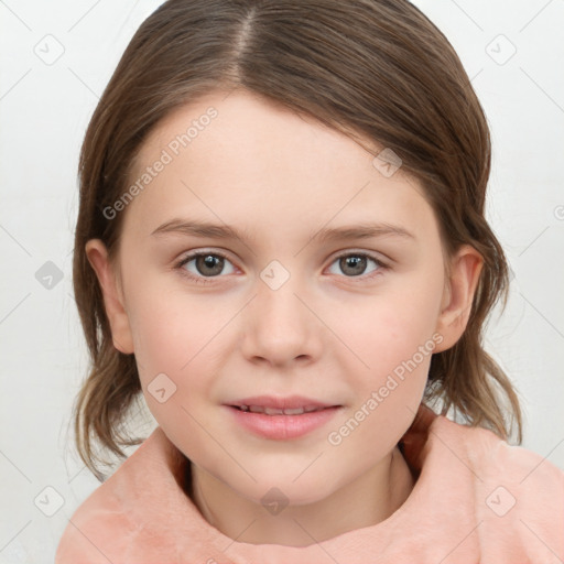 Joyful white child female with medium  brown hair and brown eyes