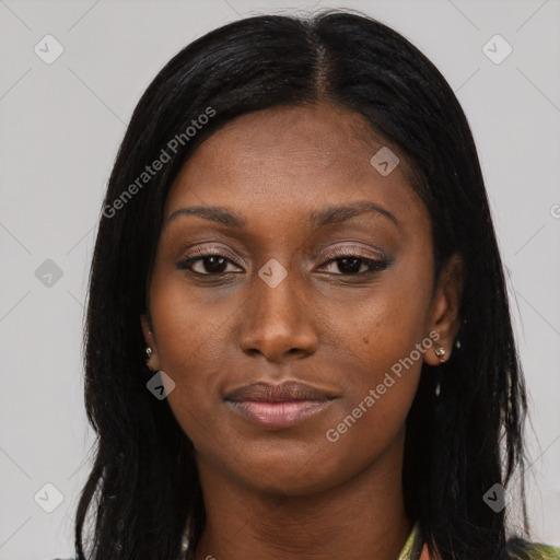 Joyful asian young-adult female with long  black hair and brown eyes