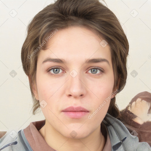 Neutral white young-adult female with medium  brown hair and grey eyes