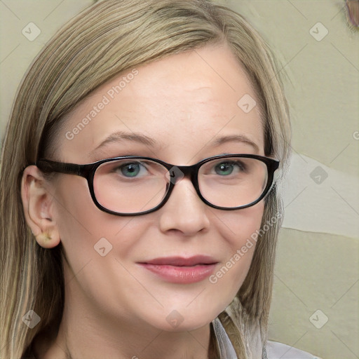 Joyful white young-adult female with medium  brown hair and blue eyes