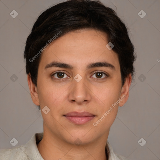 Joyful white young-adult female with short  brown hair and brown eyes