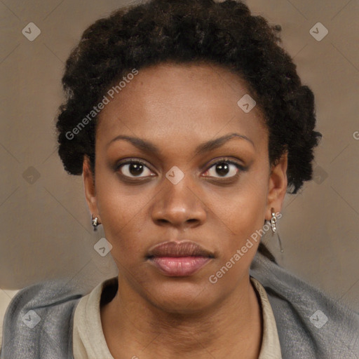 Neutral black young-adult female with short  black hair and brown eyes