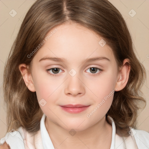 Joyful white child female with medium  brown hair and brown eyes