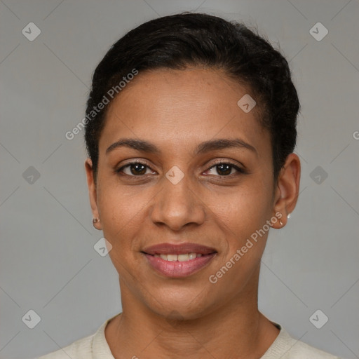 Joyful latino young-adult female with short  brown hair and brown eyes