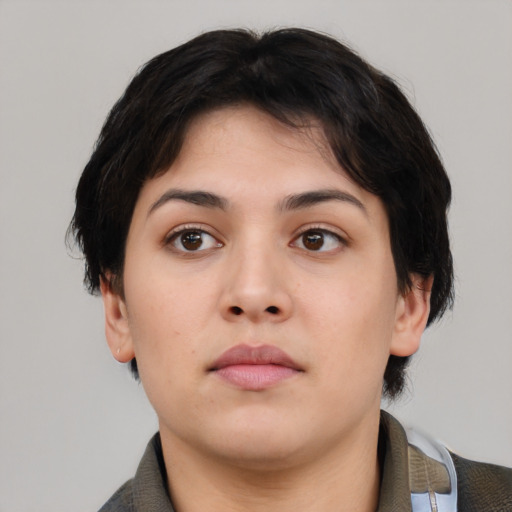 Neutral asian young-adult female with medium  brown hair and brown eyes