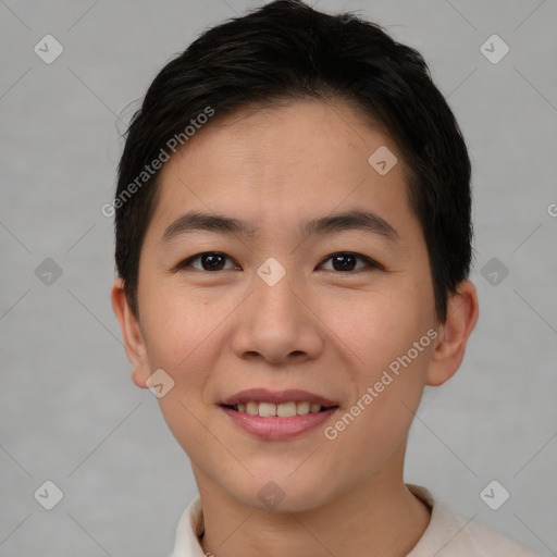 Joyful asian young-adult female with short  brown hair and brown eyes