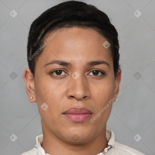 Joyful white young-adult female with short  brown hair and brown eyes