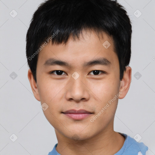 Neutral asian young-adult male with short  brown hair and brown eyes