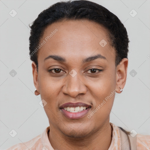 Joyful latino young-adult female with short  black hair and brown eyes