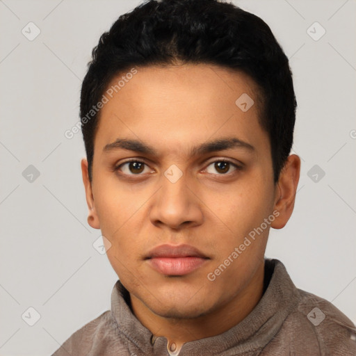 Neutral latino young-adult male with short  black hair and brown eyes