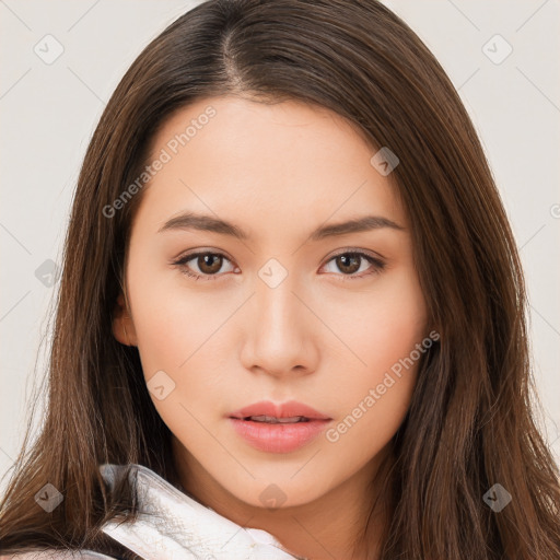 Neutral white young-adult female with long  brown hair and brown eyes