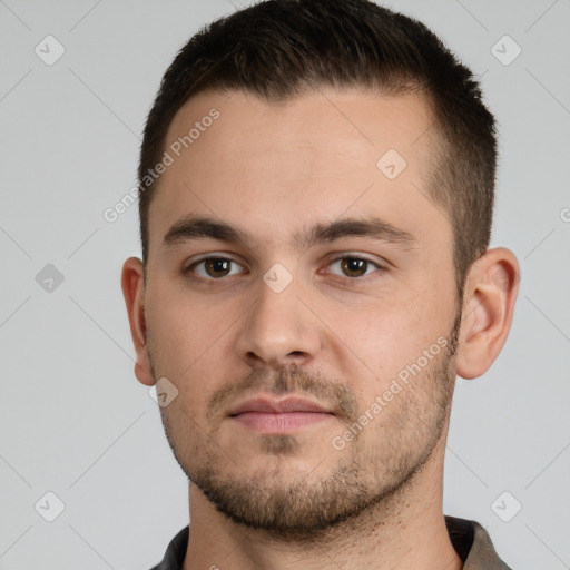 Neutral white young-adult male with short  brown hair and grey eyes