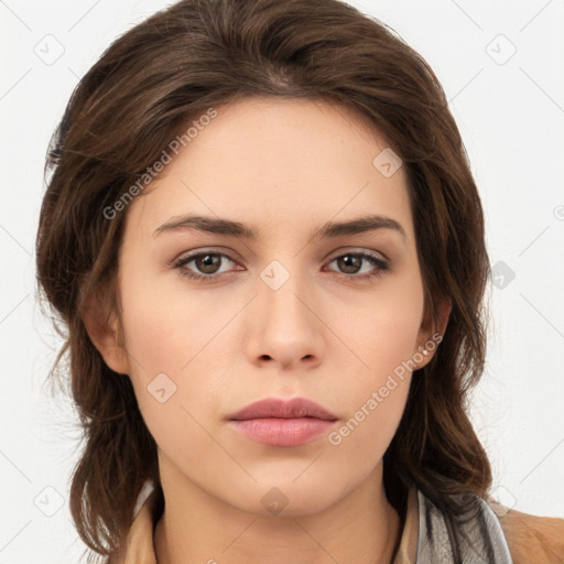 Neutral white young-adult female with medium  brown hair and brown eyes