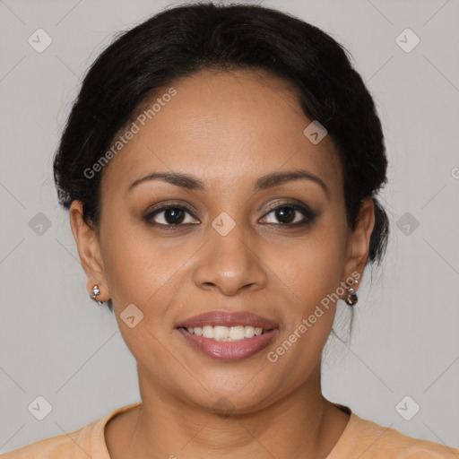 Joyful latino young-adult female with medium  brown hair and brown eyes