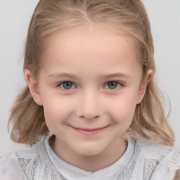Joyful white child female with medium  blond hair and grey eyes