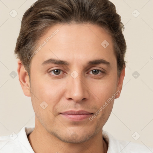 Joyful white young-adult male with short  brown hair and brown eyes