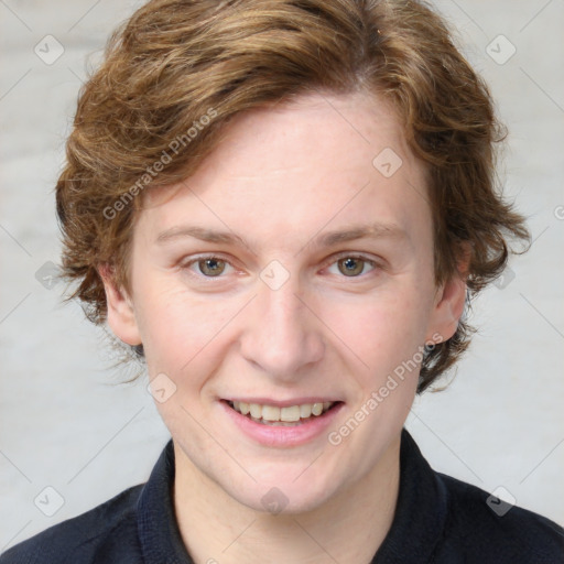 Joyful white young-adult female with medium  brown hair and blue eyes