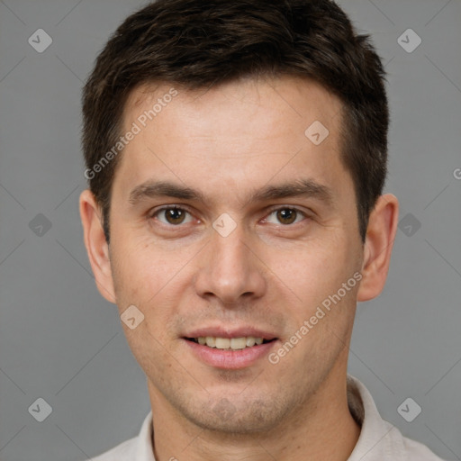 Joyful white young-adult male with short  brown hair and brown eyes